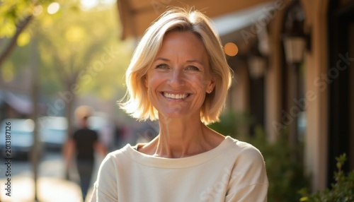 Free Download Smiling mature woman stands on urban street. Caucasian lady enjoys sunny day with genuine smile. Looks stylish, confident wearing casual clothes. Portrait conveys positive aging, beauty, healthy - GFXLoad