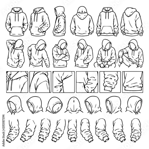 Billede på lærred Hoodie sweatshirt technical drawing reference set featuring various poses details and hood styles for designers