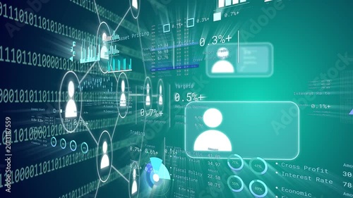 Cam gliding right, avatars emerging, pulsing, cards sliding, updating values, showing network data