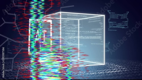 RGB glitch sparking wire cube, AI panel appearing, rotating, linking circuits, showcasing AI code