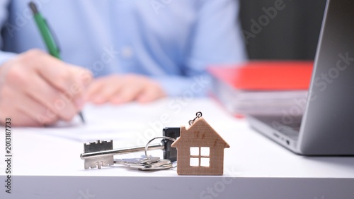 Картината върху платно Person making a decision and signing an agreement for purchasing property, with