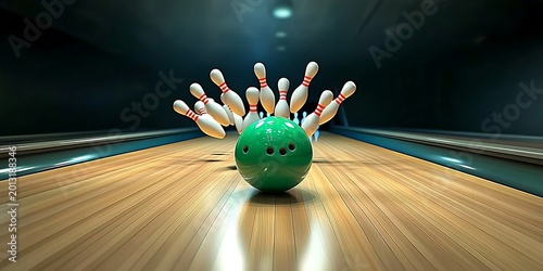 Green bowling ball hits pins on lane, action shot with flying pins.
