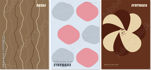 Modern graphic design mood board interface displaying geometric event posters and typography inspiration