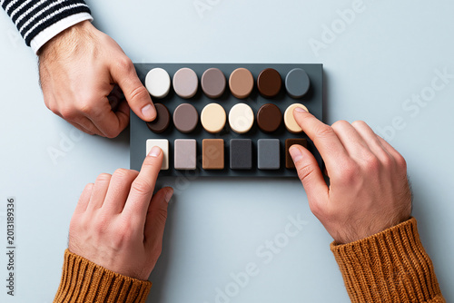 People comparing neutral color circles in geometric layout. Too many options and analysis concept.