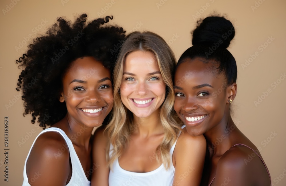 Fototapeta premium Three smiling diverse women in white tops, posing together closely against a neutral background. Their expressions convey joy and unity, representing friendship and beauty.