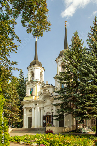 Two baroque bell towers of Holy Trinity church in the ancient estate of Count Peter Rumyantsev, Troitskoye-Kainarji. Zheleznodorozhny, Moscow oblast, Russia