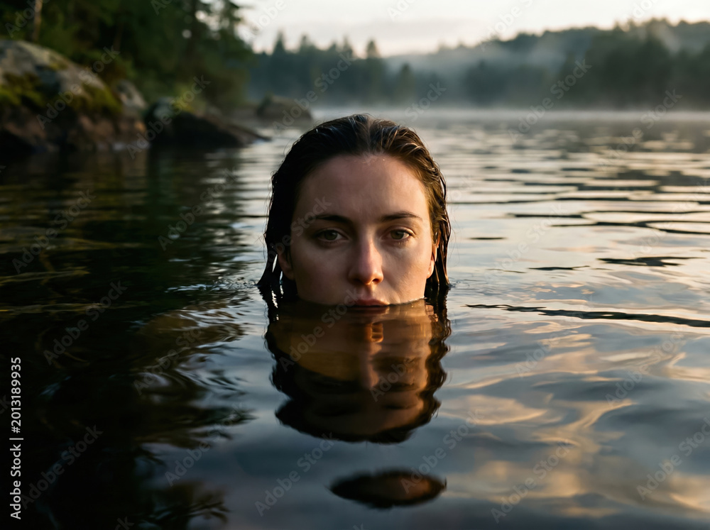 Fototapeta premium Woman partially submerged in misty lake at dawn