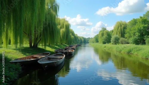 Line of wooden rowboats moored on calm blue canal waterway. Rich green weeping willow trees overhang lush grassy banks under bright sunny sky with clouds. Peaceful nature scene.