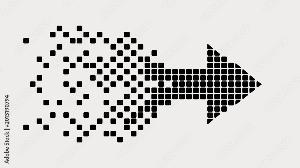 Fototapeta premium Fragmenting arrow with pixel field – Perfect for software engineering, cloud transformation, or modern data flow themes.