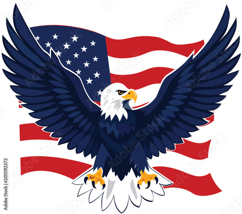 Quadro su tela American bald eagle spreads wings in front of waving us flag with american symbo
