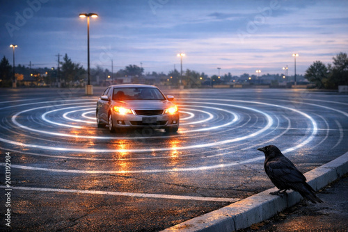 A bird perched on the edge of a curb alongside a parked vehicle, a snapshot of urban wildlife