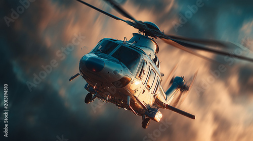 Dynamic close-up view of a modern helicopter in flight against a dramatic sunset sky with motion blur and cinematic lighting. Ideal for aviation, transportation, rescue, military, and technology conce