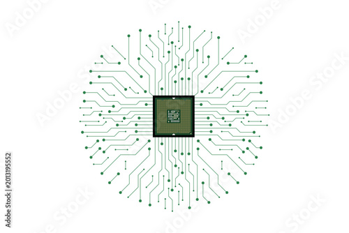 Photos Circular circuit board with central microchip and radiating green lines, represe