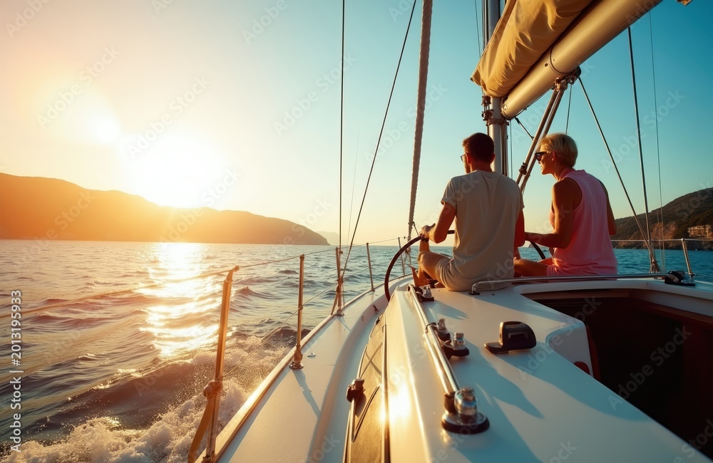 Fototapeta premium Mature couple enjoys sailing trip on yacht at sunset. Man steers boat woman relaxes near him. They explore open ocean during summer vacation. Luxury travel adventure lifestyle.