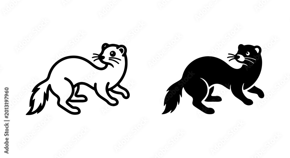 Fototapeta premium Ferret Vector Icons, Black and White Animal Silhouettes, Cute Mammal Graphics
