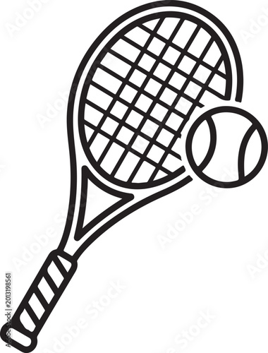 Minimalist Tennis Racket and Ball Line Art Icon Vector Illustration