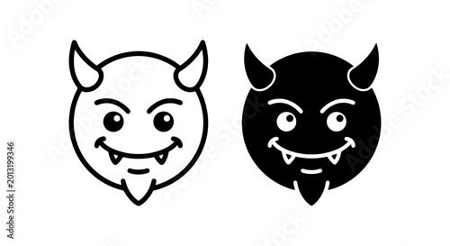Photos Vector Devil Icons, Cartoon Evil Faces, Black and White Demon Emoticons
