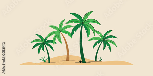 Foto Four green palm trees on a sandy island with grass, tropical paradise summer vac