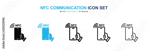 NFC communication icons vector collection in black and blue colors on white background