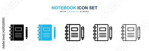 Notebook icons vector collection in black and blue colors on white background