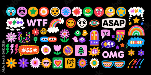 Bild auf Leinwand colorful sticker set with playful expressions and floral elements