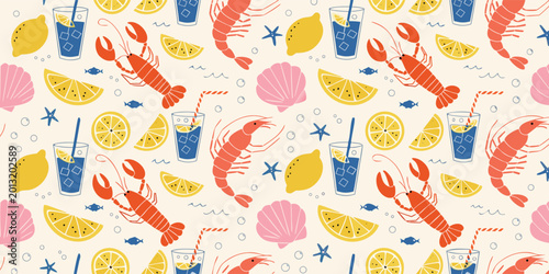 Photos Seamless lobster pattern, seafood background, fresh and delicious crustaceans, l