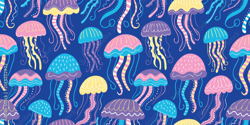 Naklejka premium Colorful jellyfish seamless pattern, underwater creatures background, marine life illustration for kids design