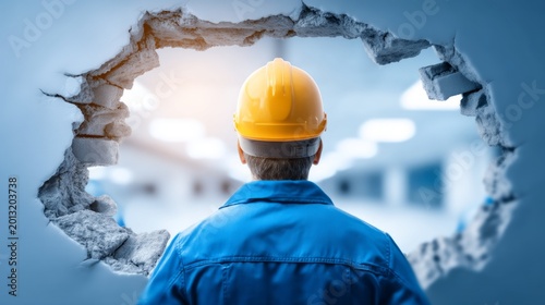 Construction Worker Observing Damaged Wall Through Hole in Surface