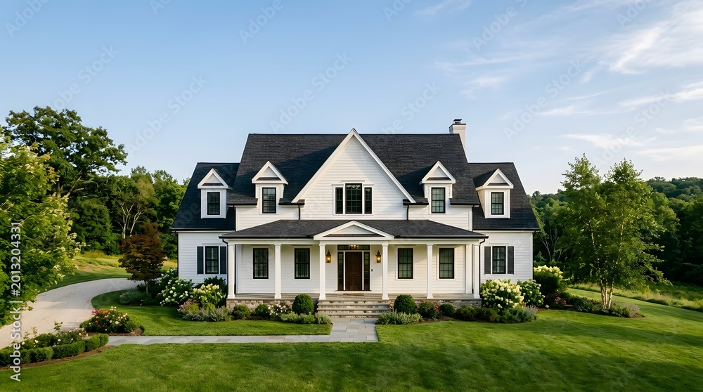Fototapeta premium Modern two-story house with white siding and black roof in sunny suburban setting