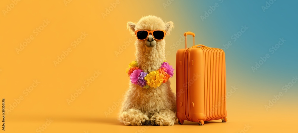 Fototapeta premium Alpaca in office meeting with flower crown and bright suitcase