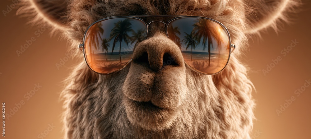 Fototapeta premium Alpaca Wearing Aviator Sunglasses at Summer Beach Resort