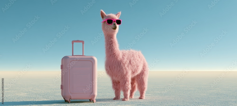 Fototapeta premium Alpaca in solo business trip with suitcase and sunglasses