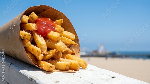 Golden potato fries in paper cone with tomato ketchup and sea beach background with copy space