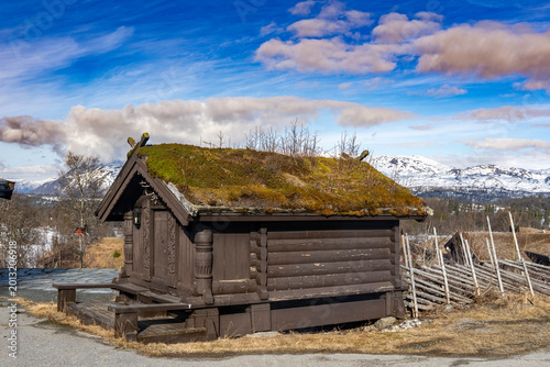 Aincent traditional Norwegian wooden house with a grass roof on the beautiful mountain landscape background. Plants and trees grow on the roof. 