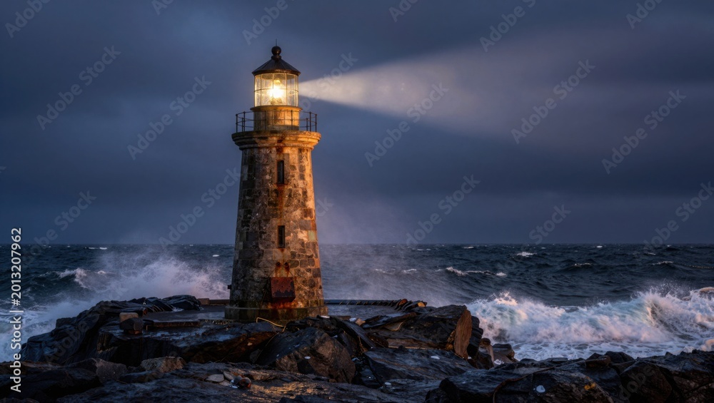 Obraz premium Lighthouse casting beam over rocky shore during stormy night