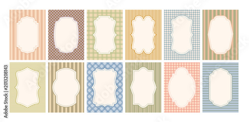 Retro decorative frame. Vintage festive labels. Trendy coquette ornamental frames with stripes, tartan, rhomb pattern, empty border for invitation, poster. Vector set