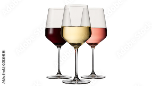 Konstfotografi Isolated three elegant wine glasses with red, white, and rosé wine drinks on a c
