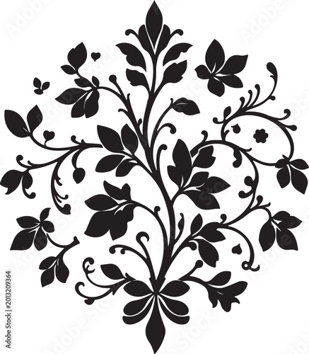 Elegant Black Floral Swirl Vector Ornament with Decorative Vine Leaves, Vintage Botanical Flourish Design Isolated on White Background
