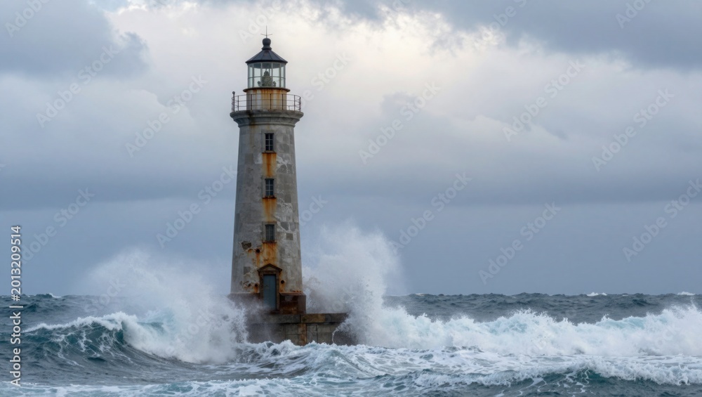 Obraz premium Coastal lighthouse battered by crashing waves in stormy sea