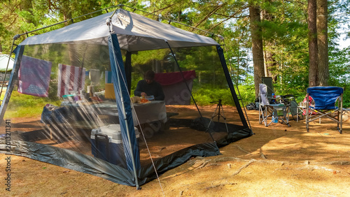 Bild auf Leinwand Camping tent with mesh walls set up in a forested area, table with supplies and