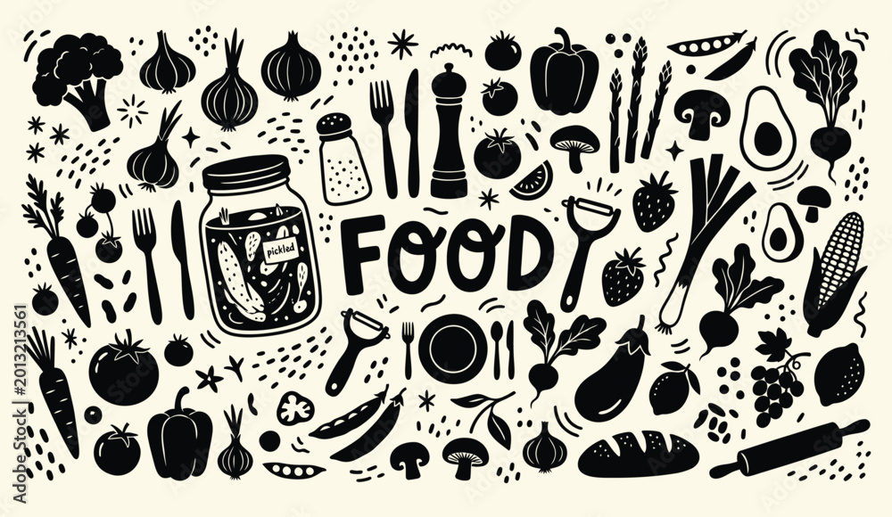 Fototapeta premium Hand-Drawn Food and Kitchen Utensils Doodle Collection
