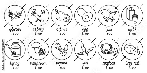 Foto Set of twelve circular icons representing various food allergens and dietary res