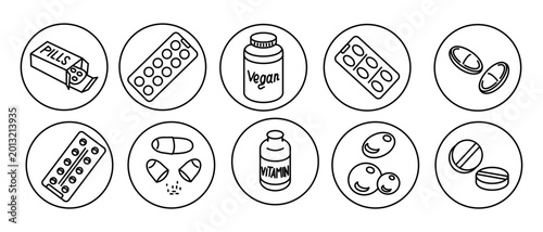 Collection of line art icons showing different pills, capsules, and vitamin bottles in a grid layout, suitable for health-related designs and illustrations