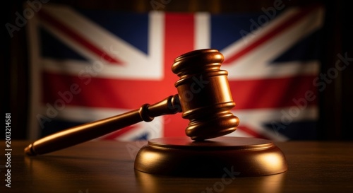 Judge's gavel with british flag in background symbolizing uk justice system