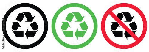 Recycle and recycling prohibited icons showing plastic, paper, and glass symbols for environmental awareness, waste sorting, and sustainability sign system design.