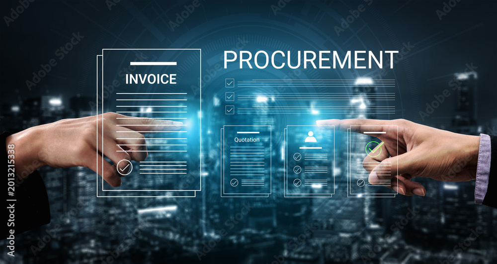 Fototapeta premium Two hands point at digital documents displaying invoice and procurement details, set against a modern city skyline, symbolizing business dealings and transactions. Cyphers