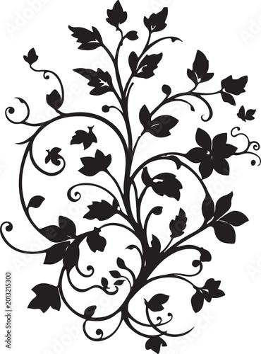 Elegant Black Floral Swirl Vector Ornament with Decorative Vine Leaves, Vintage Botanical Flourish Design Isolated on White Background
