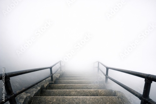 A set of stairs ascending into thick fog, great for mystery or suspense scenes