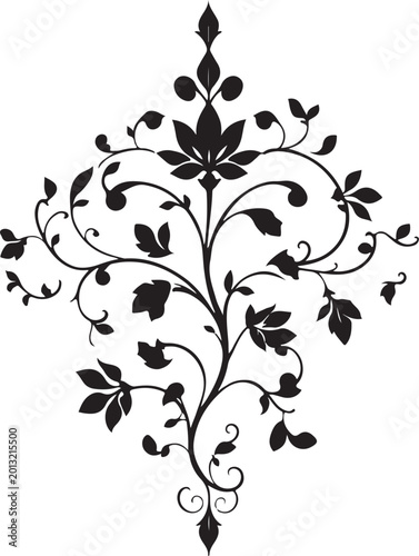 Elegant Black Floral Swirl Vector Ornament with Decorative Vine Leaves, Vintage Botanical Flourish Design Isolated on White Background
