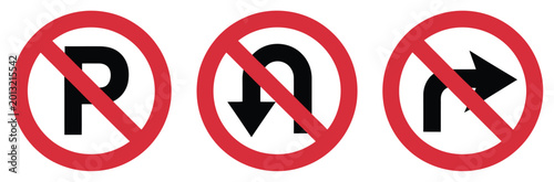 Free Download No parking and traffic prohibition sign set featuring no U turn and no right turn symbols for road safety, navigation, and urban planning design. - GFXLoad
